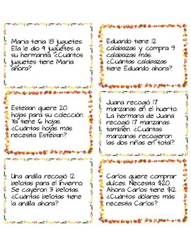 Preview of Fall Theme Addition Task Cards - SPANISH