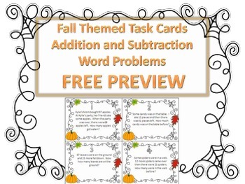 Preview of Fall Themed Addition and Subtraction Word Problem Task Cards Free PREVIEW