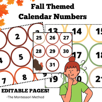 Preview of Fall Themed Calendar Numbers by The Montessori Method - EDITABLE