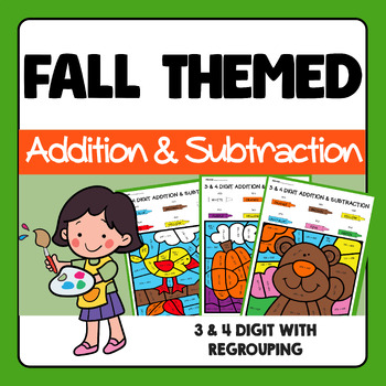 Preview of Fall Themed Color By Code 4 & 3 Digit Addition with Regrouping & Subtraction
