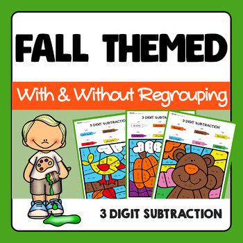 Preview of Fall Themed Color By Number 3 Digit Subtraction with Regrouping & without