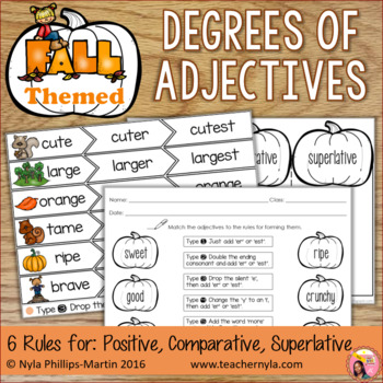 Preview of Fall Themed Degrees of Adjectives - Tables, Foldable, Sorting Mat and Worksheets