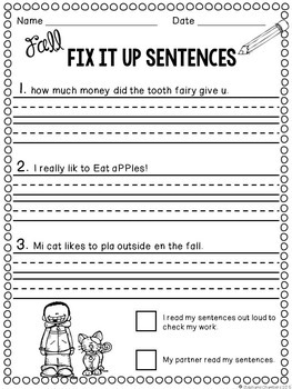 Fall Editing Sentences: First Grade, Capitalization, Punctuation, Spelling