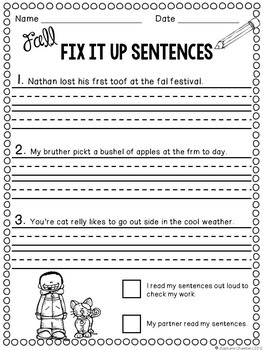 Fall Editing Sentences: Second Grade, Capitalization, Punctuation, Spelling