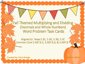 Preview of NEW! Fall Themed Multiplying Dividing Task Cards 5.3E 5.3G 5.3B 5.3C