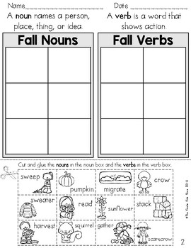 fall noun and verb sort parts of speech worksheets by the kinder kids