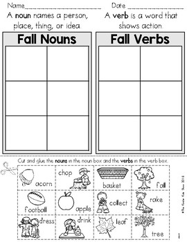 Preview of Fall Noun and Verb Sort (Parts of Speech Worksheets)