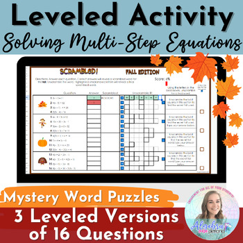 Preview of Fall Themed Solving Multistep Equations Differentiated Activity for Algebra 1