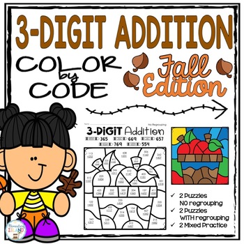 Preview of Fall Color by Code Three Digit Addition Worksheets 3rd Grade Math Color by Code