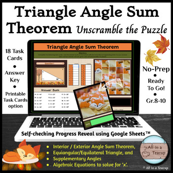 Preview of Fall Triangle Angle Sum Theorem Digital Unscramble Puzzle Selfchecking Activity