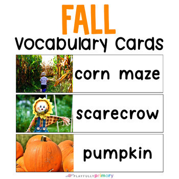 Preview of Fall Vocabulary Cards, Fall Word Wall + Writing Center Cards with Real Pictures