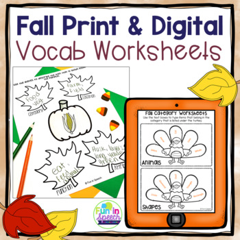 Preview of Print and No Print Fall Vocabulary Worksheets for Speech Therapy