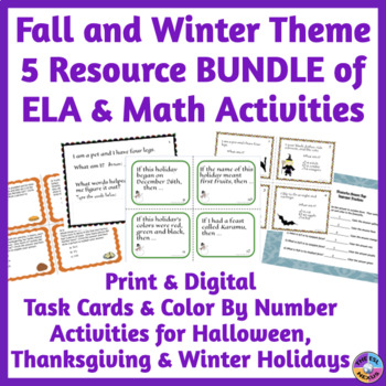 Preview of Fall and Winter ELA and Math Task Cards and Color By Number BUNDLE