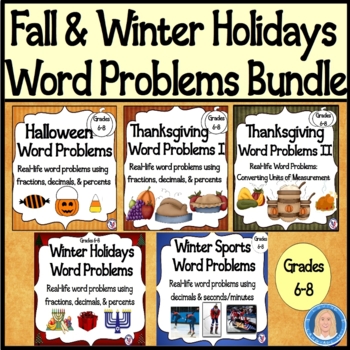 Preview of Fall & Winter Holidays Math Word Problems BUNDLE: Decimals, Percents, Min/Sec