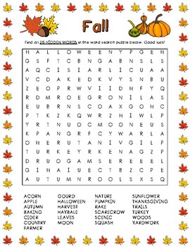 Fall Word Search (25 Words) by LaRue Learning Products | TpT