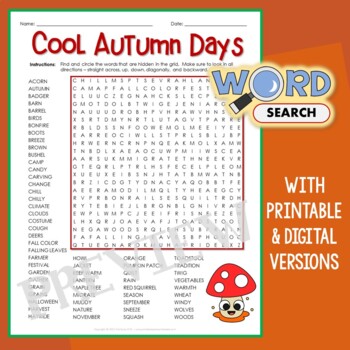 Preview of First Day Of Autumn Word Find For Fall Wordsearch Puzzle Activity 4th Grade Up
