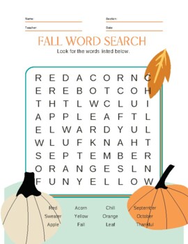 Fall Word Search by Karen Wolfe | Teachers Pay Teachers