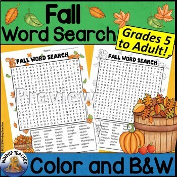 Preview of Fall Word Search Activity Printable Hard for Grades 5 to Adult