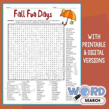 Preview of Hard Word Search Fall Activities For Middle School September Puzzle Worksheet