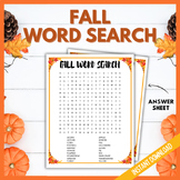 Fall Word Search Printable, Brain Break Worksheet, Answers