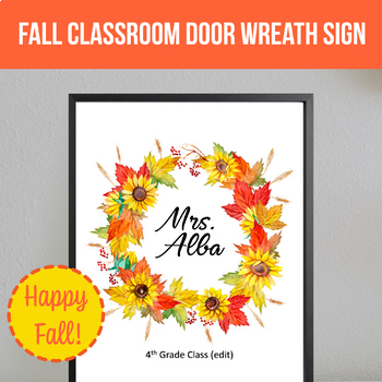 Preview of Fall Wreath EDITABLE Classroom Door Teacher Name Sign - Back to School