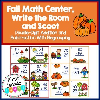 Preview of Fall Write the Room/Scoot Double-Digit Addition & Subtraction With Regrouping