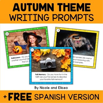 Preview of Fall Writing Prompt Task Cards + FREE Spanish