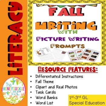 Preview of Fall Writing with Picture Writing Prompts Differentiation Scaffolding Task Cards