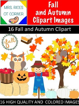 Preview of Fall and Autumn Clipart! 16 Colored images, tree, leaves, scarecrow, squirrel,et