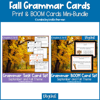 Preview of Fall and Autumn Grammar Print Task Cards and BOOM Cards BUNDLE