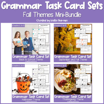 Preview of Back to School, Fall, Halloween, and Thanksgiving Grammar Task Cards BUNDLE