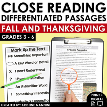 Preview of Fall and Thanksgiving Close Reading Passages Differentiated Reading Anchor Chart