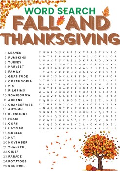 Fall and Thanksgiving | Word Search Activity Worksheet. by Mr URE