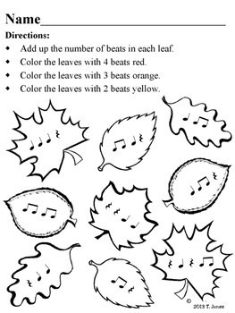 Music Worksheets: Music Math {Fall into Rhythm Leaves} | TPT
