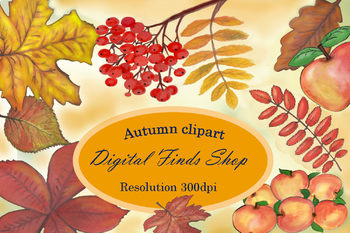 Preview of Fall leaves Autumn clipart, watercolor fall clipart, maple leaf apples and rowan