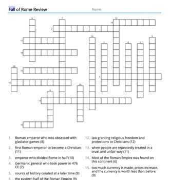 Preview of Fall of Rome/Late Roman Empire Crossword Puzzle and Word Search