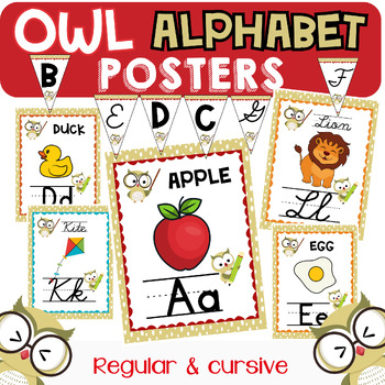 Preview of Fall owl alphabet posters / regular & cursive alphabet posters / bulletin board