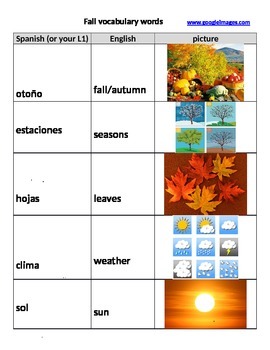 Preview of Fall vocabulary and reading passage