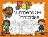 Fall/Autumn Theme Math Printables for Numbers 0-10  NO PREP!