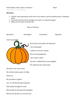 Preview of Fall/Halloween Types of Sentences Center Sort