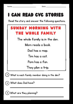 Family CVC Decodable Short Stories with Comprehension Questions | TPT