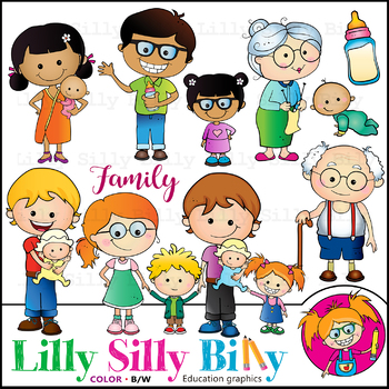 Preview of Family. Clipart. BLACK AND WHITE & Color Illustrations. {Lilly Silly Billy}