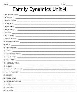 Preview of Family Dynamics Unit 4 word scramble