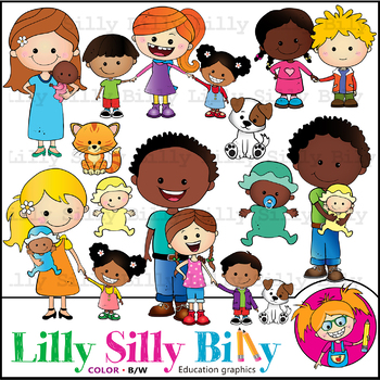 Preview of Family. (Family Diversity 3). Clipart. BLACK AND WHITE & Color Illustrations.