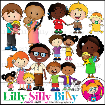 Preview of Family. (Family Diversity 4). Clipart. BLACK AND WHITE & Color Images. 