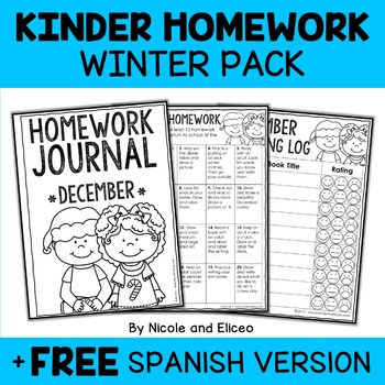 Preview of Editable Winter Kindergarten Homework Calendar + FREE Spanish