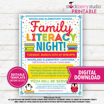 Preview of Family Literacy Night Flyer Book Sale PTO PTA School Fundraiser Flyer Template