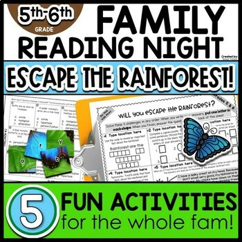 Preview of Family Reading Night Escape Game 5th 6th Grade RAINFOREST Literacy Night