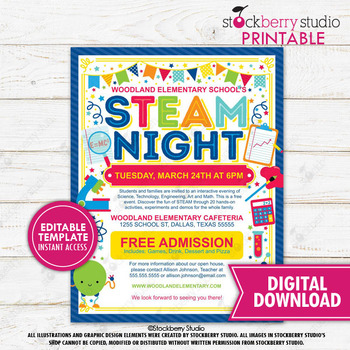 Preview of Family Steam Night Flyer Printable Tech Math Science Educational Event Editable