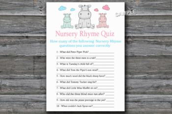 Family Hippo Nursery Rhyme Quiz Game Hippo Baby Shower Games 183 By Sweetdesign